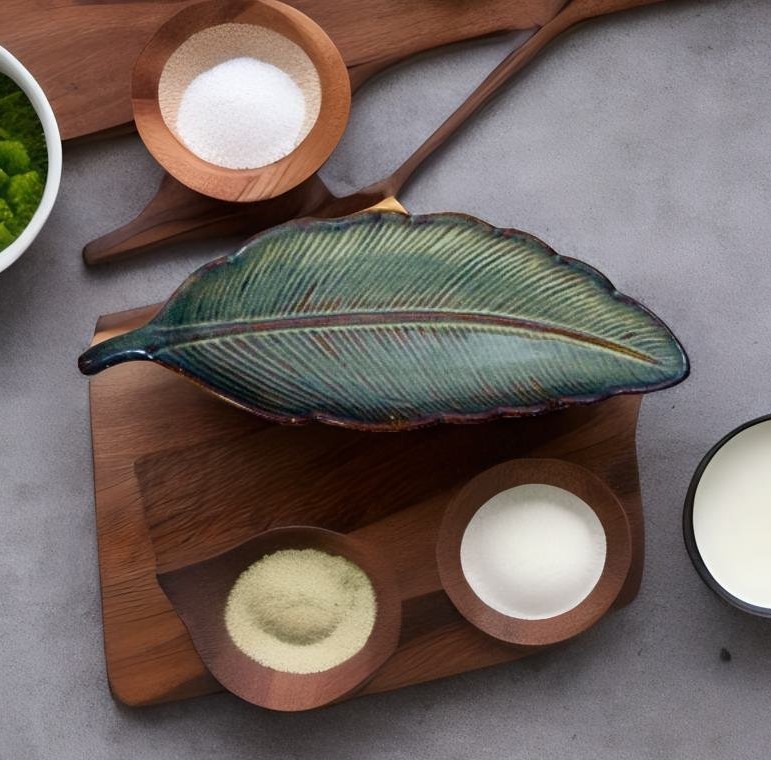 Homefrills Glazed Green Leaf Shaped Ceramic Platter,Party Snacks Platter,Serving Plate,Kitchen & Table Top Snack Serving Platter (Microwave Safe and Dishwasher Safe, Set of -1)